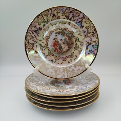 Набор десертных тарелок "Мадонна" на 6 персон, фарфор, люстр, деколь, золочение, Fortuna Eisenberg, ГДР, 1960-1973 гг.