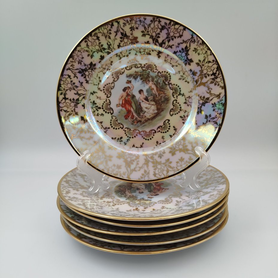 Набор десертных тарелок "Мадонна" на 6 персон, фарфор, люстр, деколь, золочение, Fortuna Eisenberg, ГДР, 1960-1973 гг.