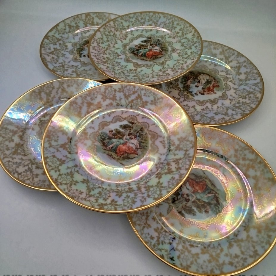 Набор десертных тарелок "Мадонна" на 6 персон, фарфор, люстр, деколь, золочение, Fortuna Eisenberg, ГДР, 1960-1973 гг.