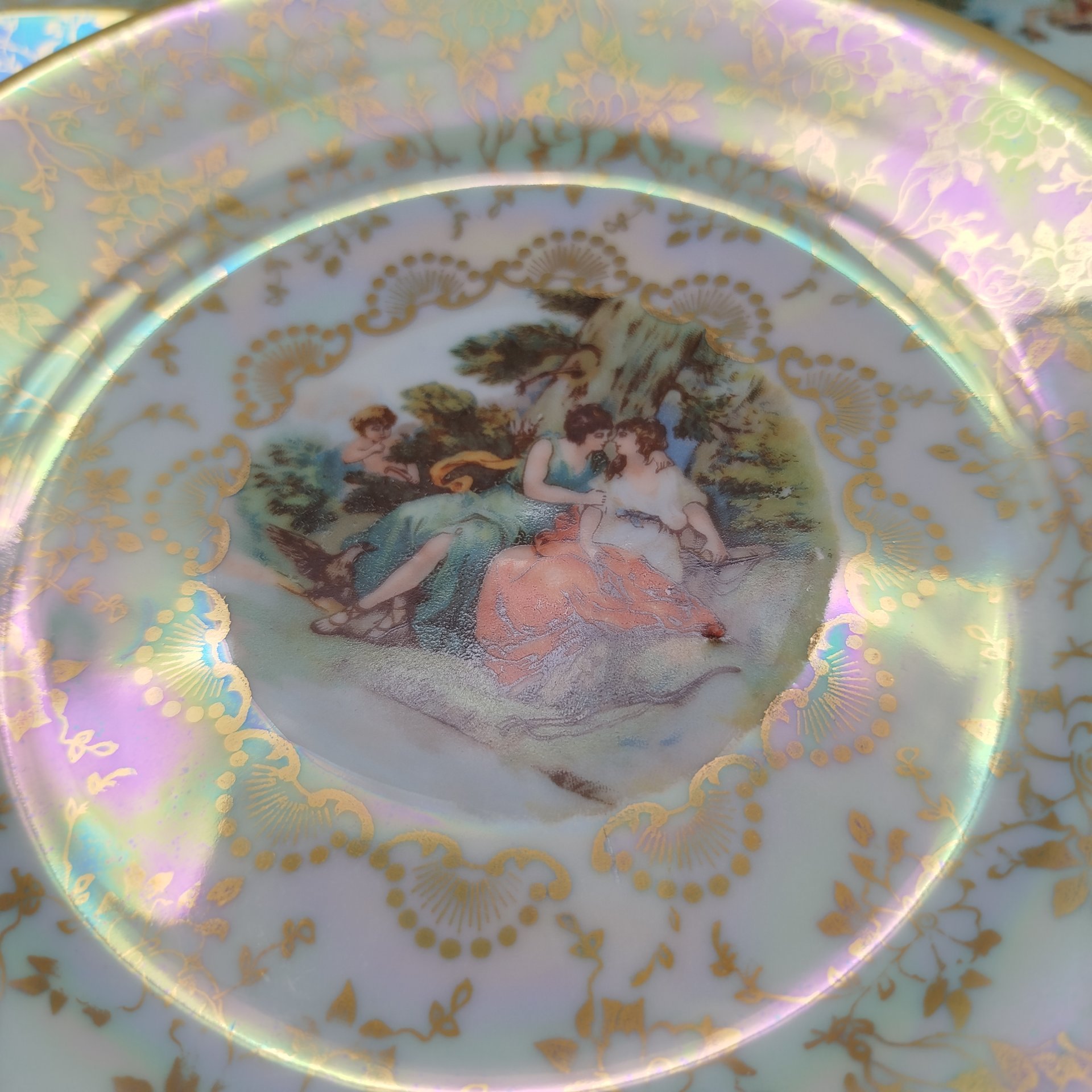 Набор десертных тарелок "Мадонна" на 6 персон, фарфор, люстр, деколь, золочение, Fortuna Eisenberg, ГДР, 1960-1973 гг.