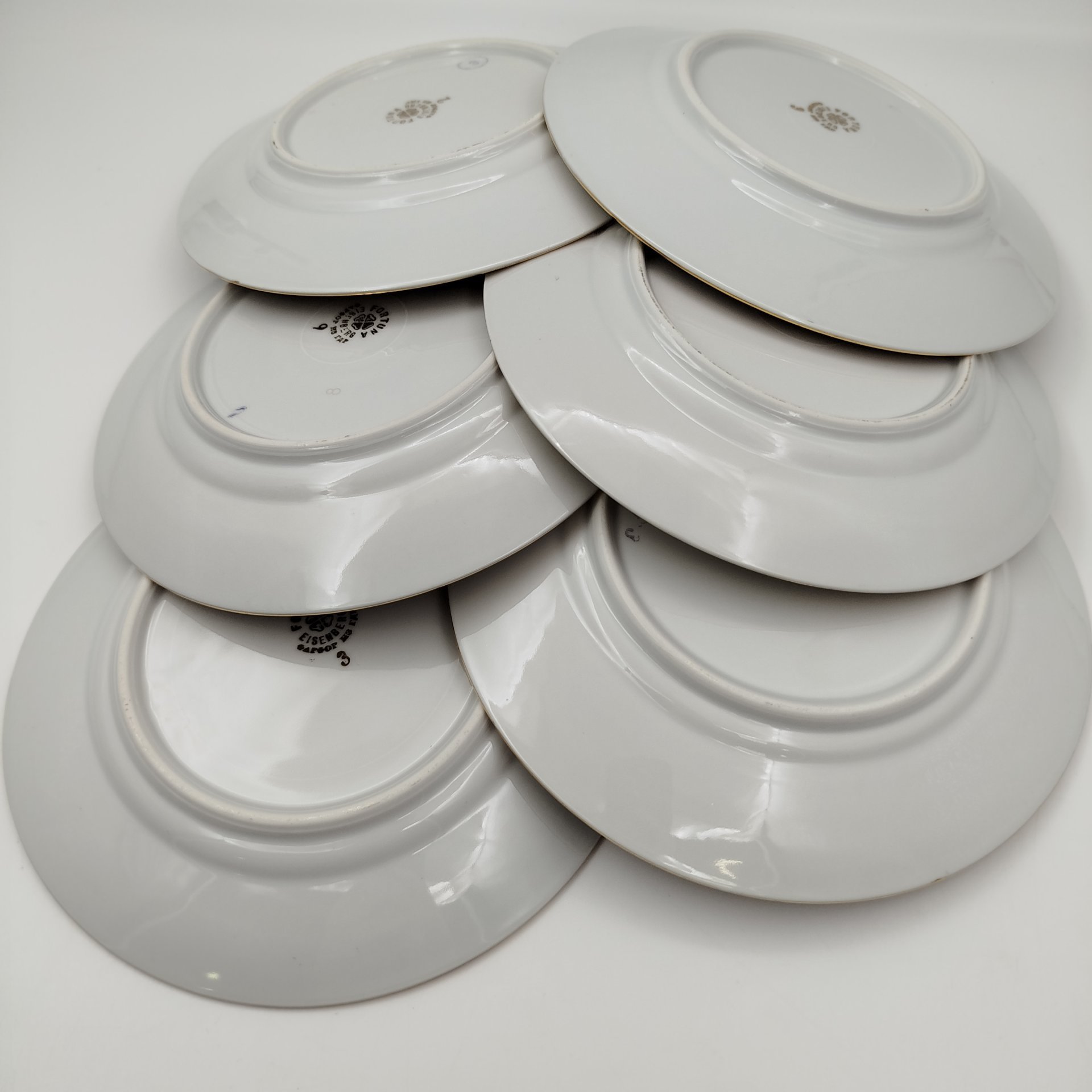 Набор десертных тарелок "Мадонна" на 6 персон, фарфор, люстр, деколь, золочение, Fortuna Eisenberg, ГДР, 1960-1973 гг.