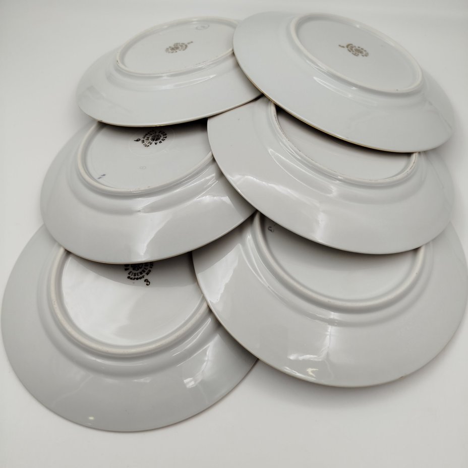 Набор десертных тарелок "Мадонна" на 6 персон, фарфор, люстр, деколь, золочение, Fortuna Eisenberg, ГДР, 1960-1973 гг.