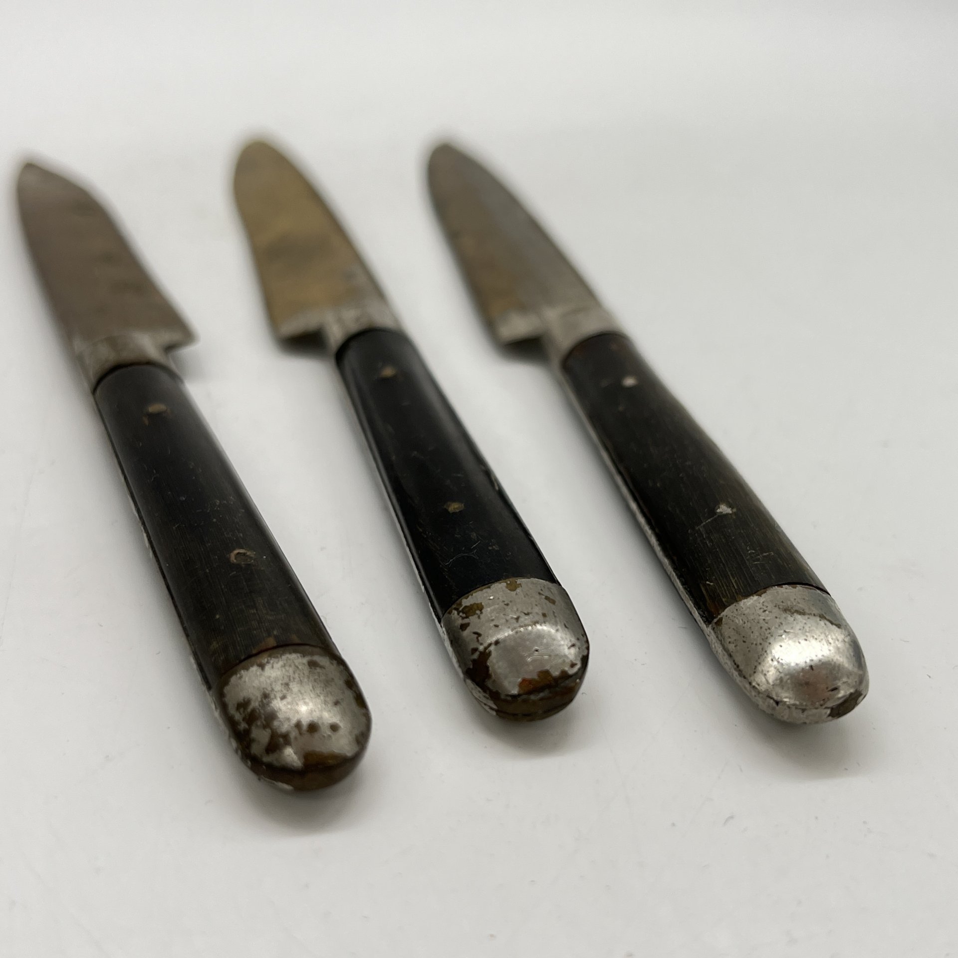 Набор из 3 фруктовых ножей с деревянными рукоятями, латунь, серебрение, дерево, Германия, 1910-1930 гг.