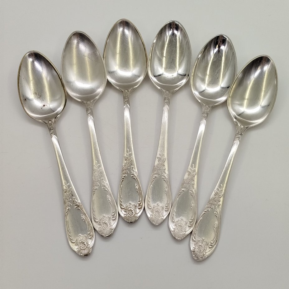 Набор столовых ложек с растительным декором на черенках (6 шт.), мНЦ (медь-никель-цинк), Вольнянский завод столовых приборов им. Шевченко (ЗiШ, ЗиШ), СССР, 1970-1990 гг.