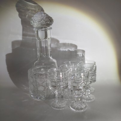 Набор для крепких напитков "Богатырь" на 6 персон (штоф и 6 рюмок), хрусталь, алмазная грань, Дятьковский хрустальный завод, Россия, 1990-2010 гг.