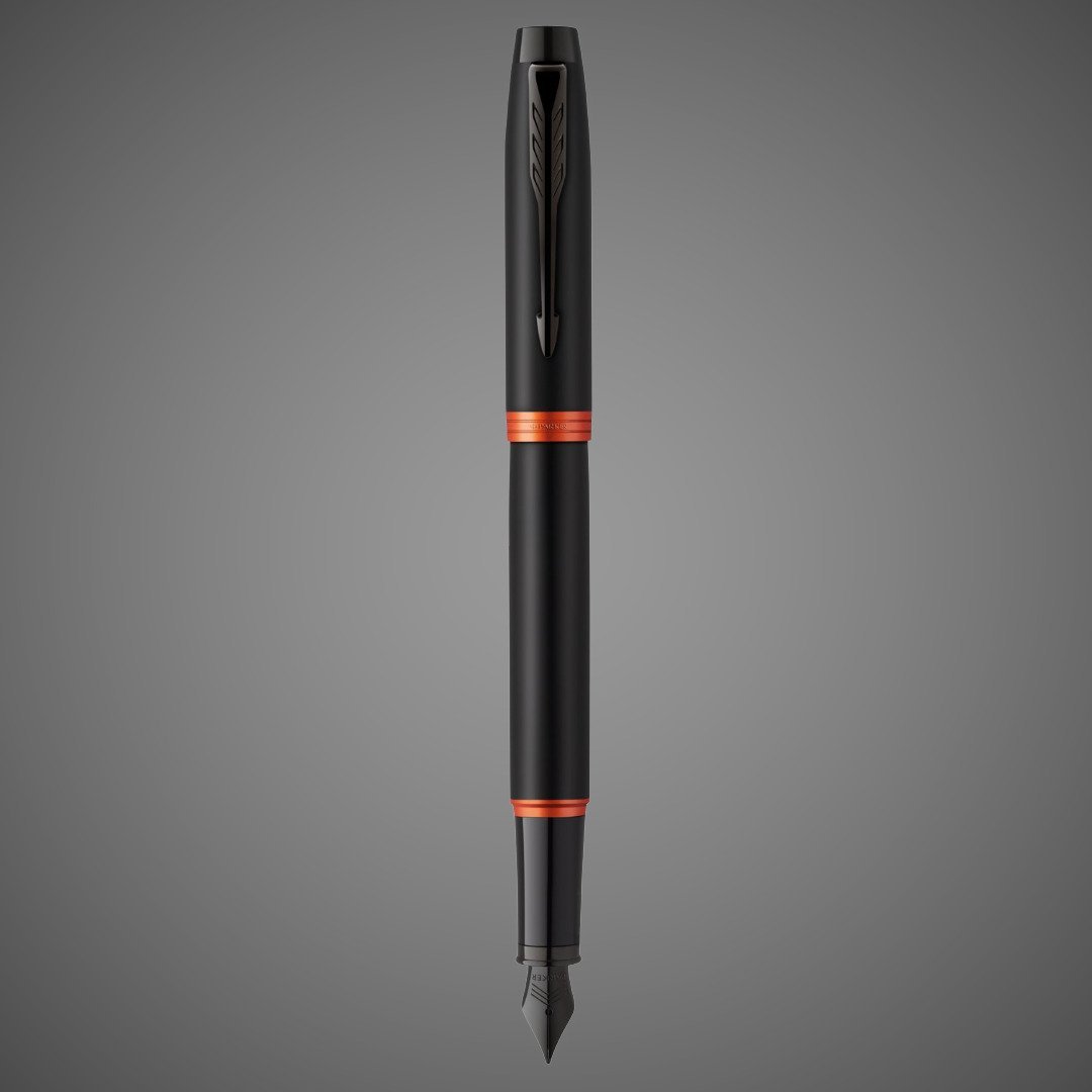 Перьевая ручка Parker IM Vibrant Rings Flame Orange, перо:F/M, цвет чернил: blue, в подарочной упаковке., Лаки и смолы: лак, латунь