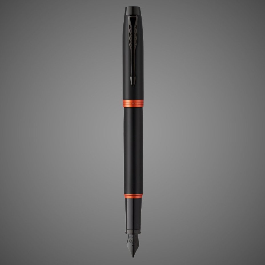 Перьевая ручка Parker IM Vibrant Rings Flame Orange, перо:F/M, цвет чернил: blue, в подарочной упаковке., Лаки и смолы: лак, латунь