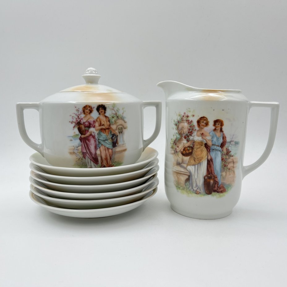 Сервиз чайно-кофейный с изображением девушек в саду на 6 персон (14 предметов), фарфор, деколь, Victoria, Чехословакия, 1918-1939 гг.