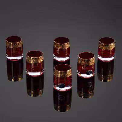 Набор из 6 стопок клюквенного цвета с золотистой орнаментальной каймой, Bohemia Crystal (Bohemia Glass)