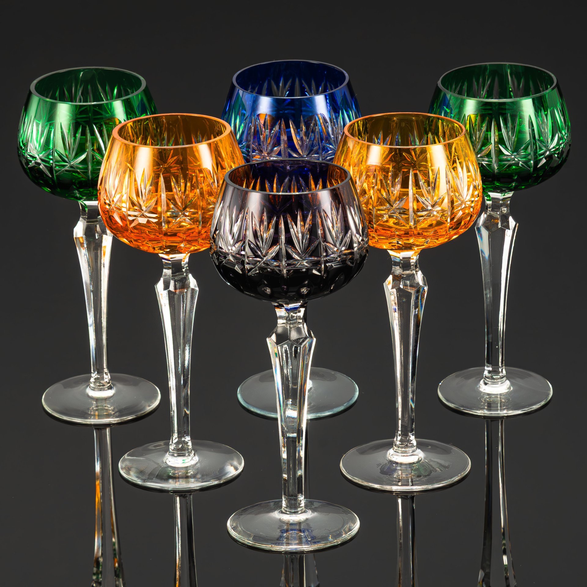 Набор бокалов для вина на 6 персон, украшенных резным орнаментом, хрусталь, алмазная грань, Echt Bleikristall, Германия, 1970-1990 гг.