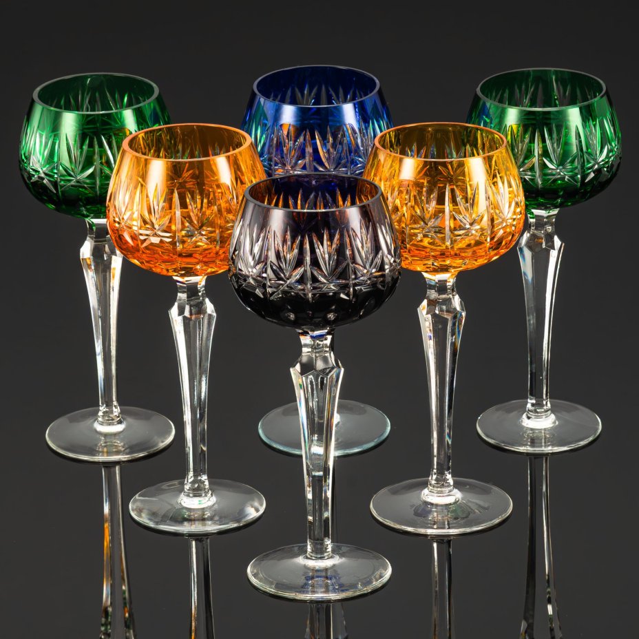 Набор бокалов для вина на 6 персон, украшенных резным орнаментом, хрусталь, алмазная грань, Echt Bleikristall, Германия, 1970-1990 гг.