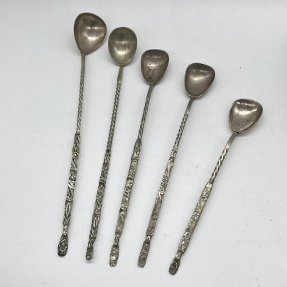 Набор из 5 ложек для смешивания коктейлей с витыми ручками, мельхиор (медь-никель), СССР, 1970-1990 гг.
