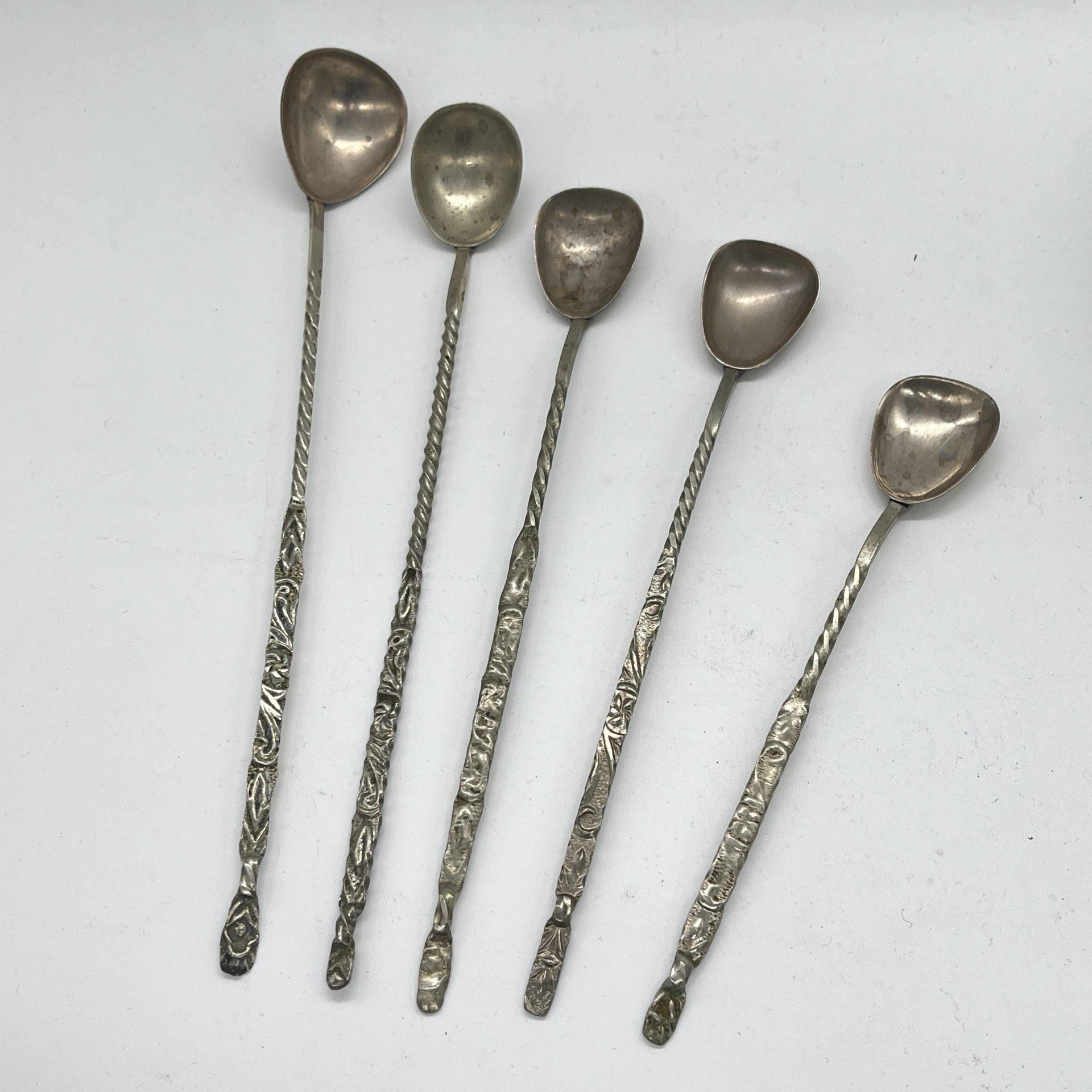 Набор из 5 ложек для смешивания коктейлей с витыми ручками, мельхиор (медь-никель), СССР, 1970-1990 гг.