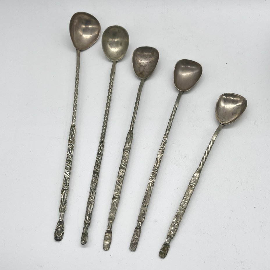 Набор из 5 ложек для смешивания коктейлей с витыми ручками, мельхиор (медь-никель), СССР, 1970-1990 гг.