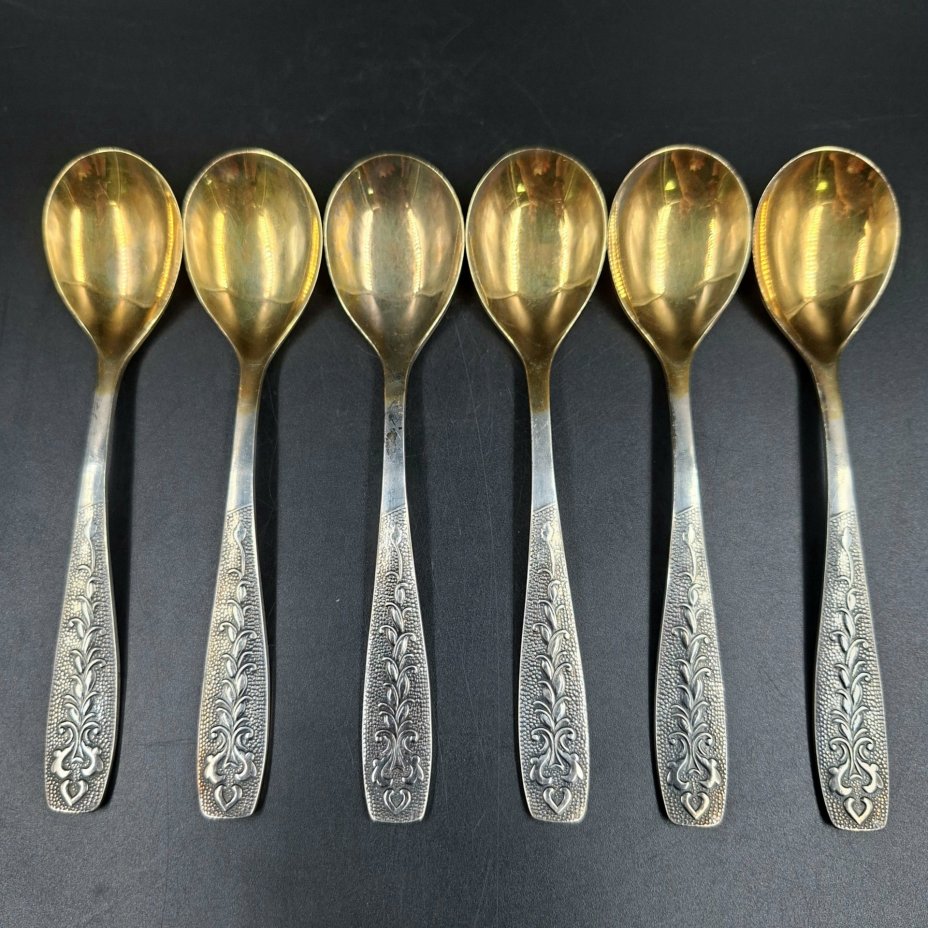 Набор из шести чайных ложек «Хмель», мНЦ (медь-никель-цинк), золочение, Завод «Проминь», СССР, 1970-1990 гг.