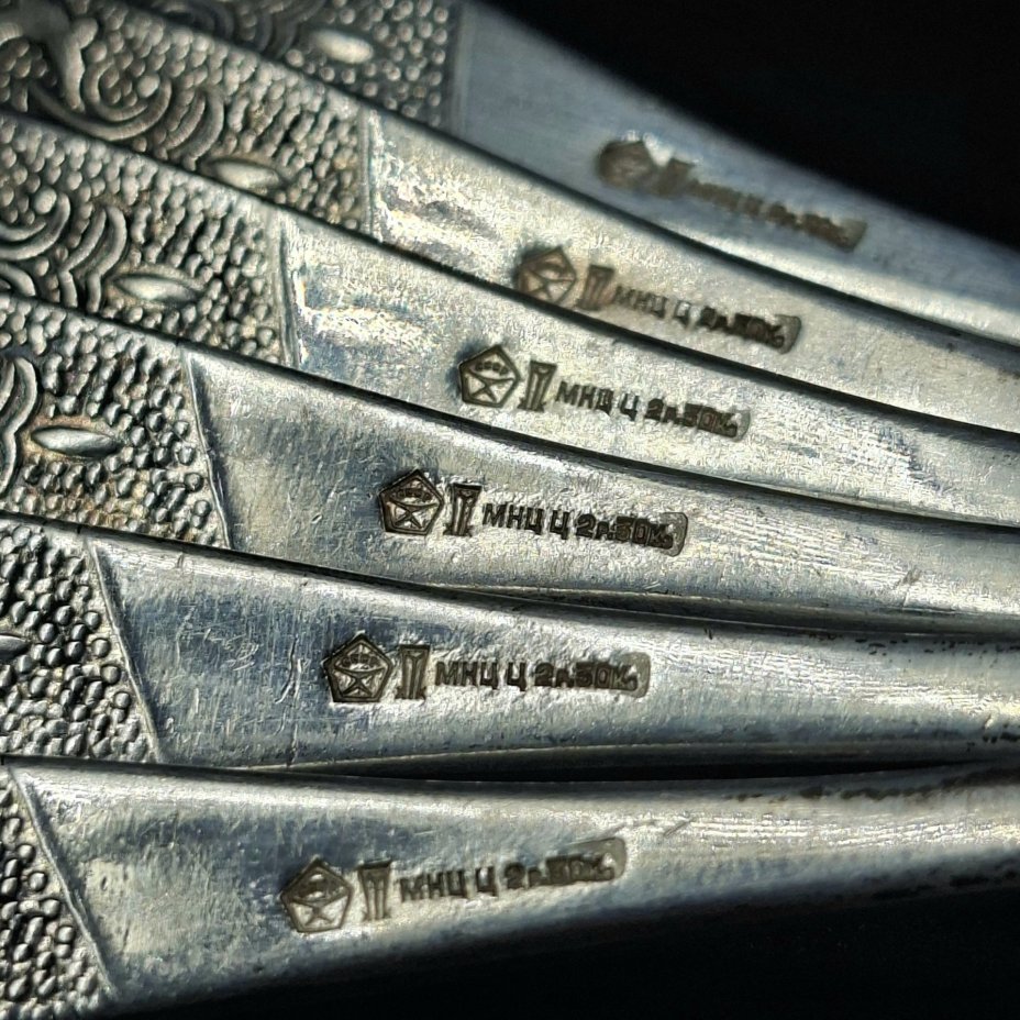 Набор из шести чайных ложек «Хмель», мНЦ (медь-никель-цинк), золочение, Завод «Проминь», СССР, 1970-1990 гг.