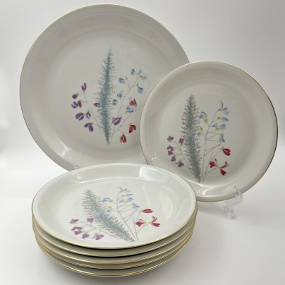 Набор десертных тарелок с блюдом на 6 персон, украшенный цветочным декором, фарфор, деколь, золочение, Kahla-Könitz, ГДР, 1964-1982 гг.