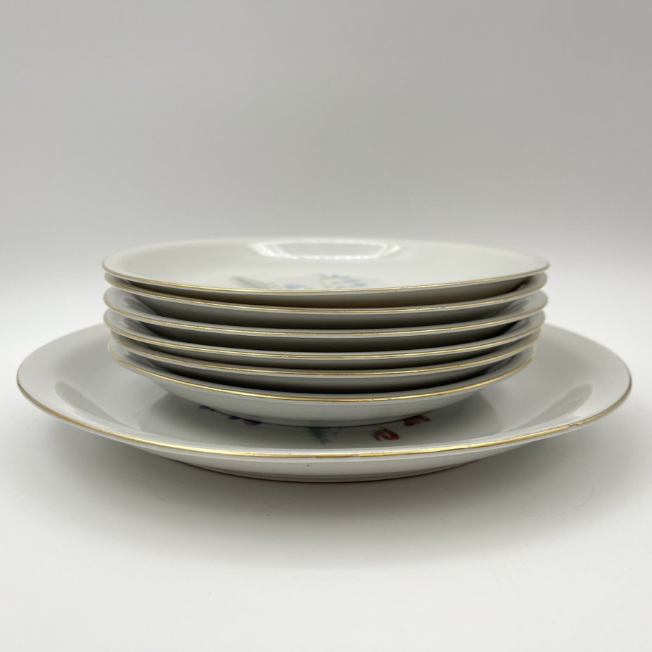 Набор десертных тарелок с блюдом на 6 персон, украшенный цветочным декором, фарфор, деколь, золочение, Kahla-Könitz, ГДР, 1964-1982 гг.