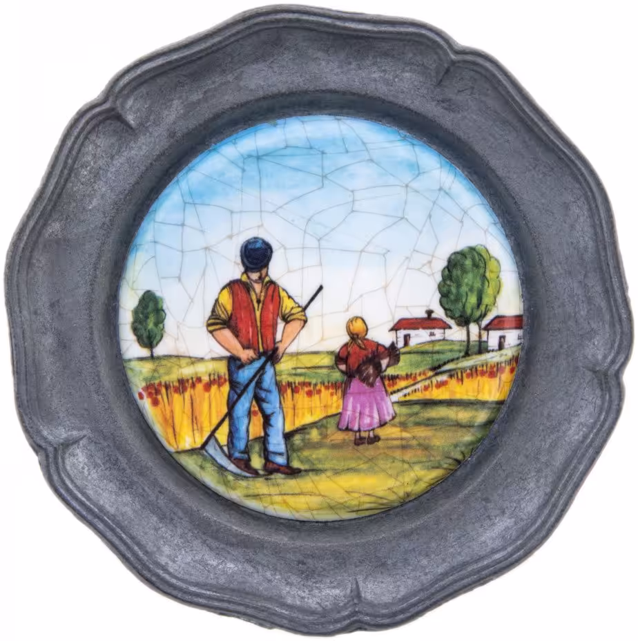 Тарелка декоративная настенная "Сенокос", олово, эмаль, Германия, 1970-1990 гг.