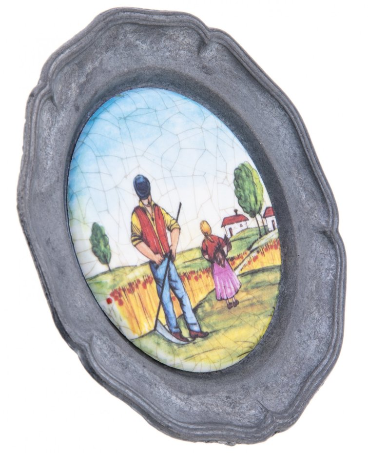 Тарелка декоративная настенная "Сенокос", олово, эмаль, Германия, 1970-1990 гг.