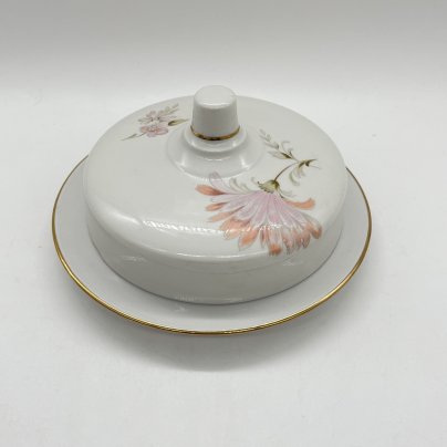 Маслёнка круглой формы с цветочным декором, фарфор, деколь, Дулевский фарфоровый завод (Дулёво), СССР, 1990 г.