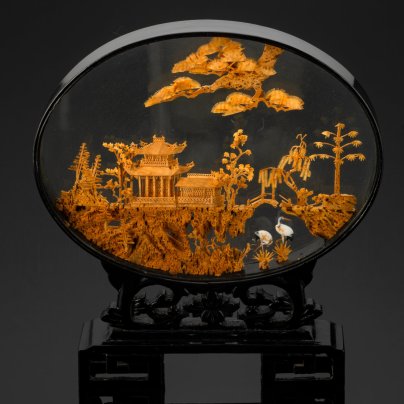 Панно декоративное (диорама)  с изображением пагоды и пейзажа, пробковое дерево, текстиль, картон, дерево, стекло, Китай, 1950-1980 гг.