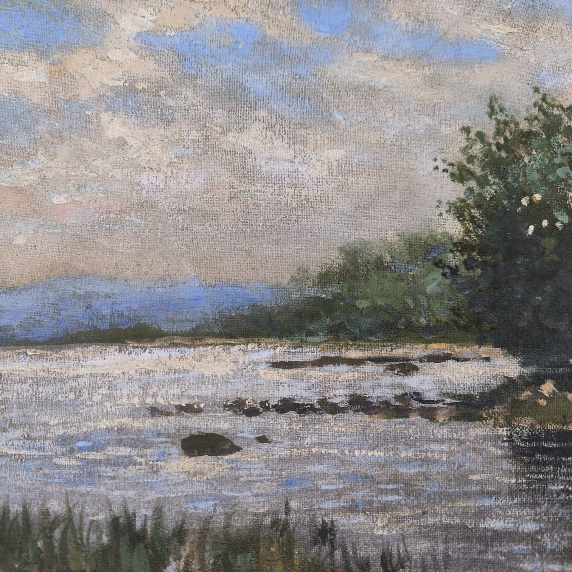 Картина "Летний пейзаж с водоемом", подпись "С. Рекутов", холст, масло, Россия, 1970-2000 гг.