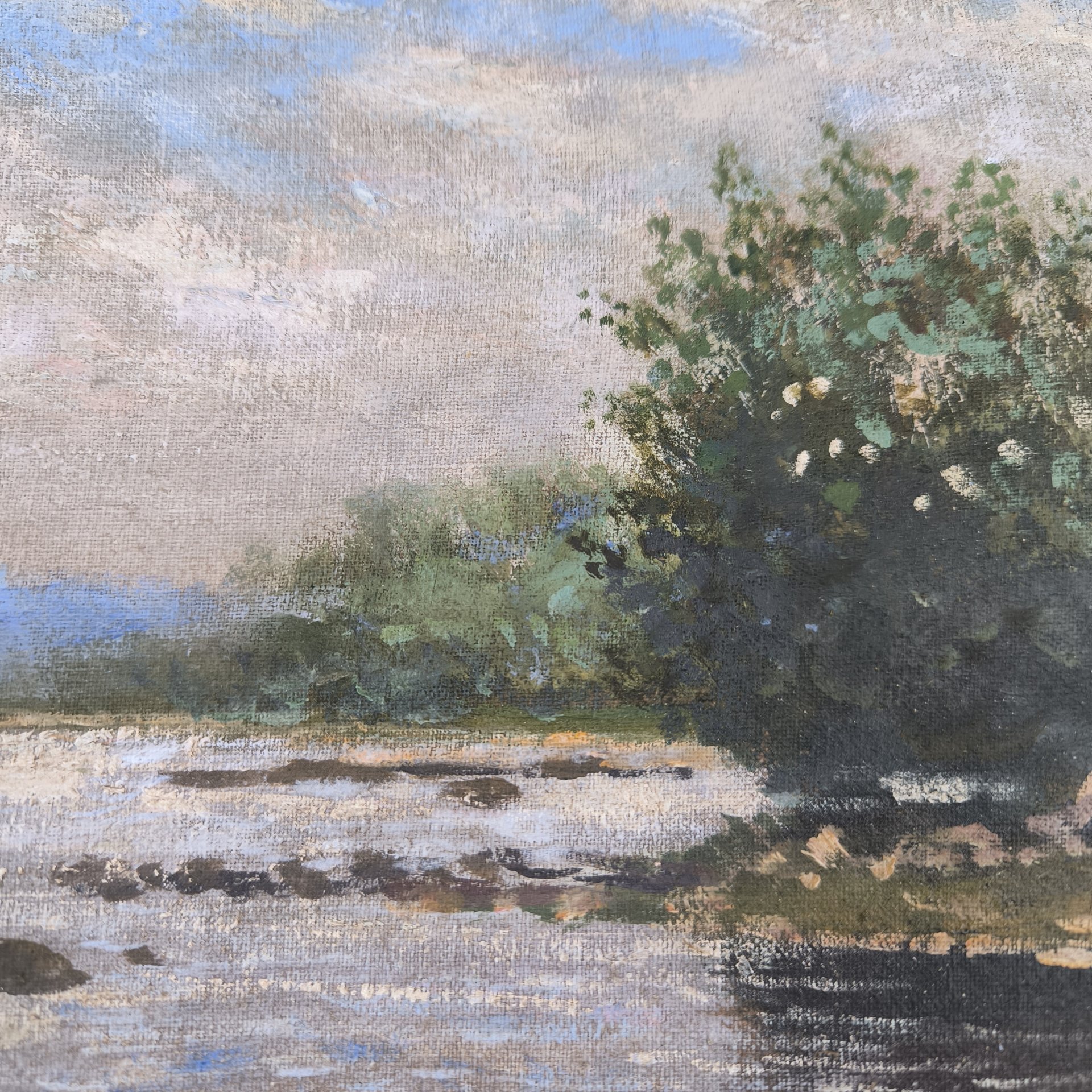 Картина "Летний пейзаж с водоемом", подпись "С. Рекутов", холст, масло, Россия, 1970-2000 гг.