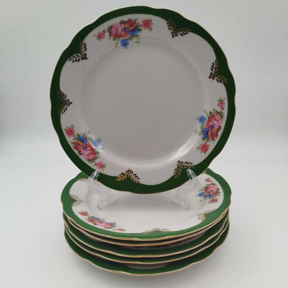 Набор из 6-ти десертных тарелок, из сервиза "Воспоминание", фарфор, деколь, крытье, золочение, Дулевский фарфоровый завод (Дулёво), Российская Федерация, 1999 г.