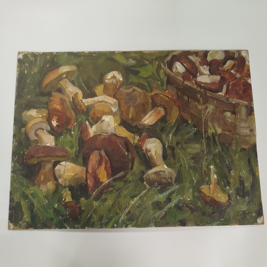 Картина "Натюрморт с грибами", художник Репин Николай Никитович (1932-2023 гг.), картон, масло