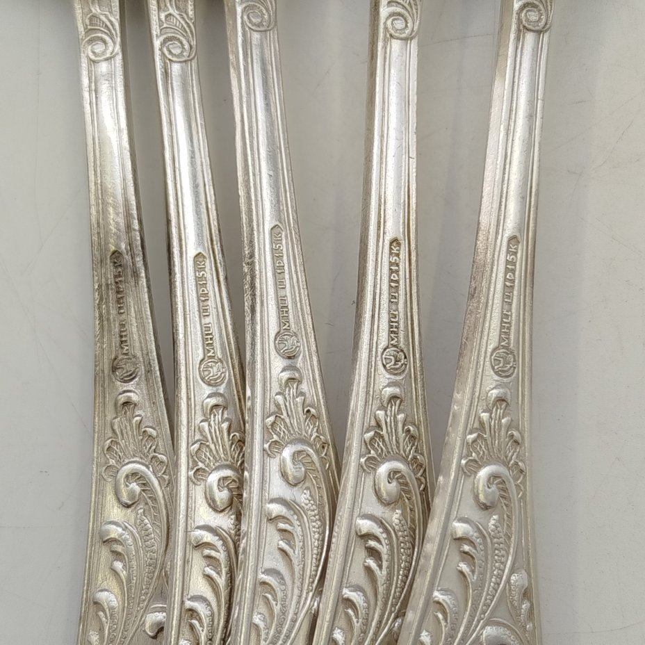 Набор из шести чайных ложек "Пламя", мНЦ (медь-никель-цинк), Кольчугинский завод цветных металлов, СССР, 1960-1990 гг.