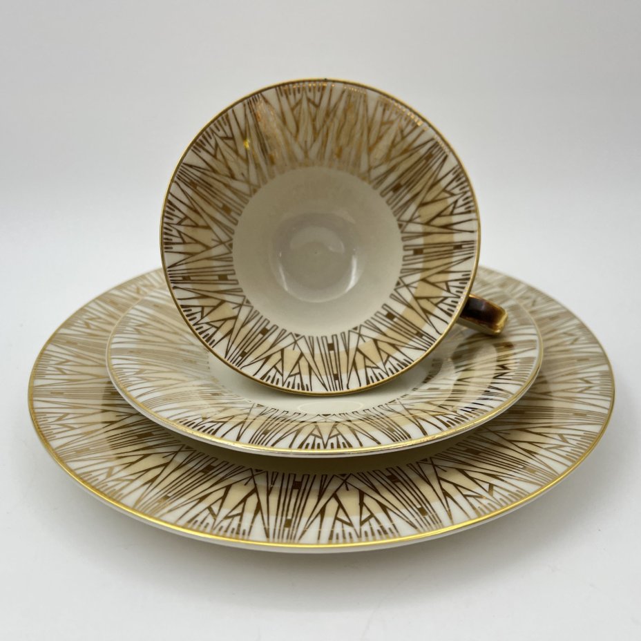 Трио чайное с геометрическим декором, фарфор, деколь, золочение, Zeh Scherzer, Германия, 1950-1970 гг.