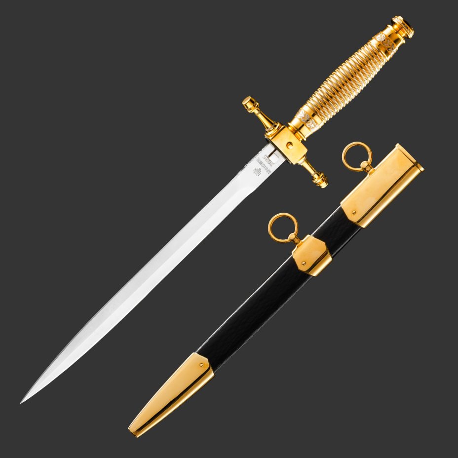 Кортик "80 лет Победы", сталь, латунь, дерево, кожа, золочение; в деревянном подарочном коробе с бархатным ложементом