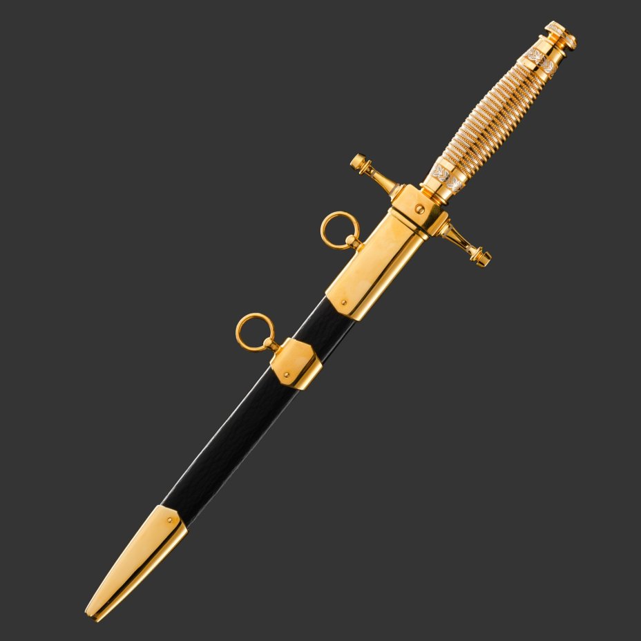 Кортик "80 лет Победы", сталь, латунь, дерево, кожа, золочение; в деревянном подарочном коробе с бархатным ложементом