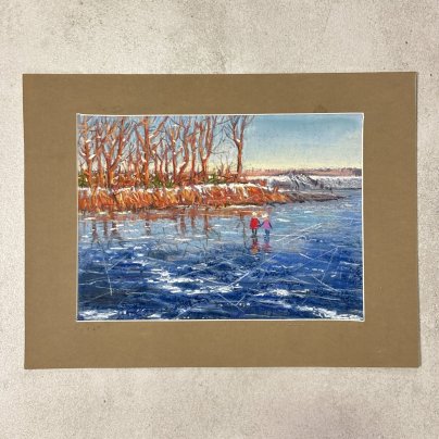 Графическая работа в паспарту "Прогулка по замерзшему озеру" ("Зима"), художник Жорж Фирсов, бумага, пастель, Российская Федерация, 2025 г.