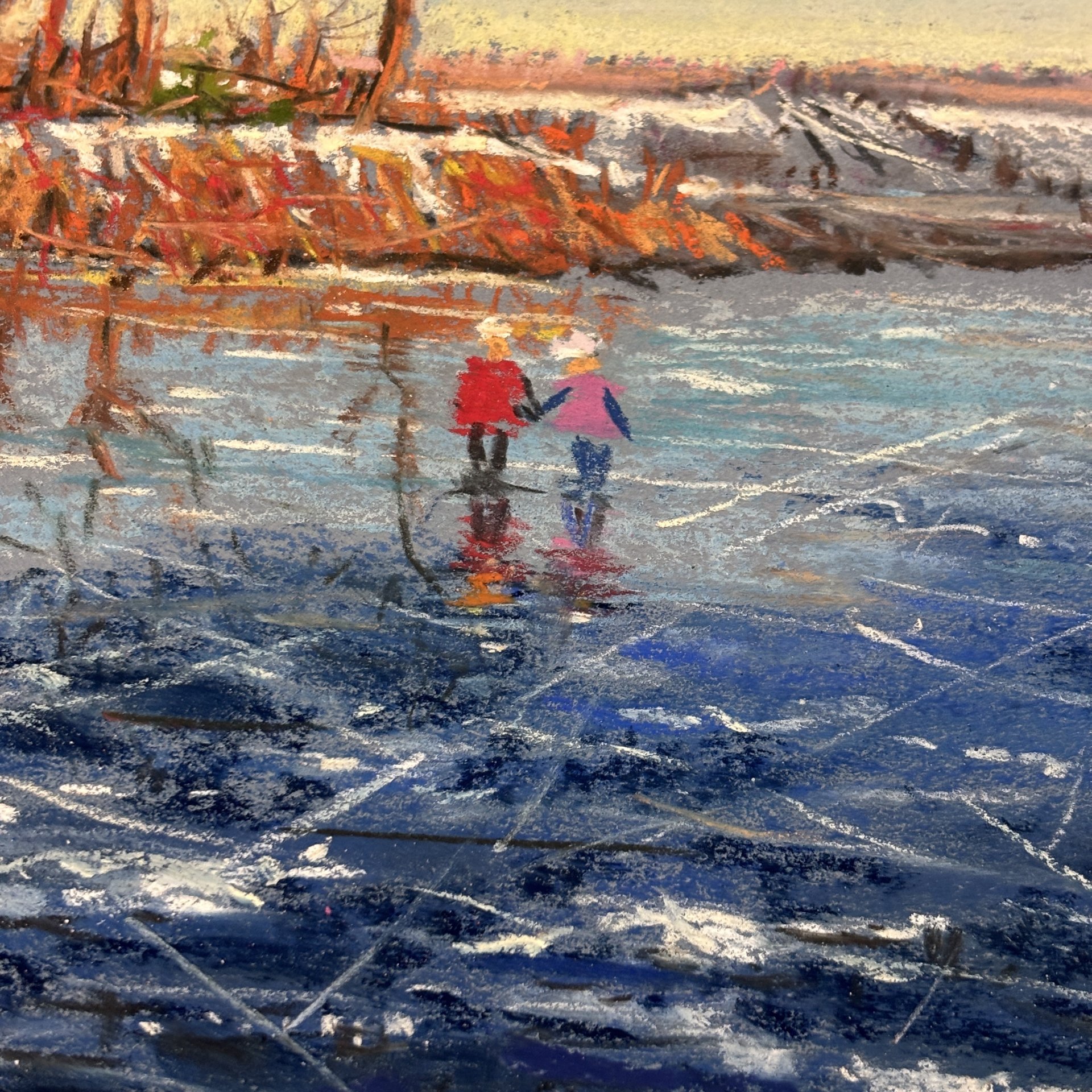Графическая работа в паспарту "Прогулка по замерзшему озеру" ("Зима"), художник Жорж Фирсов, бумага, пастель, Российская Федерация, 2025 г.