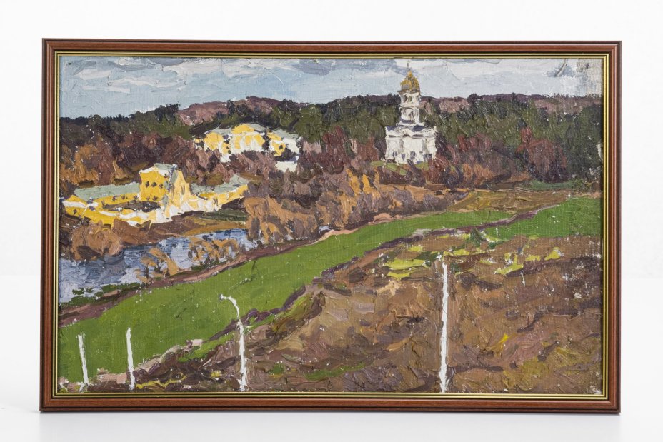 Картина "Пейзаж с церковью", художник Сафонов В.А., картон, масло, в раме