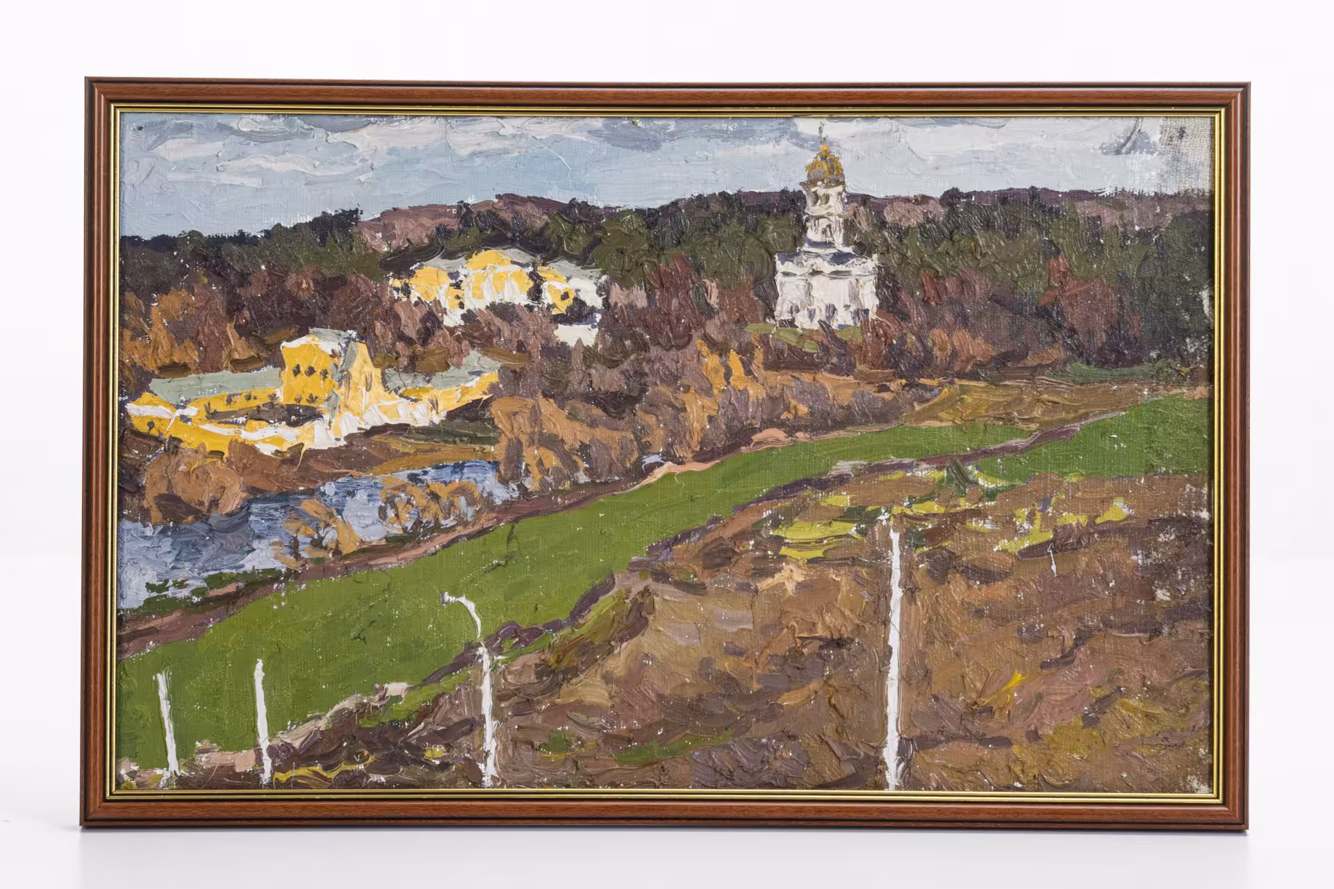Картина "Пейзаж с церковью", художник Сафонов В.А., картон, масло, в раме