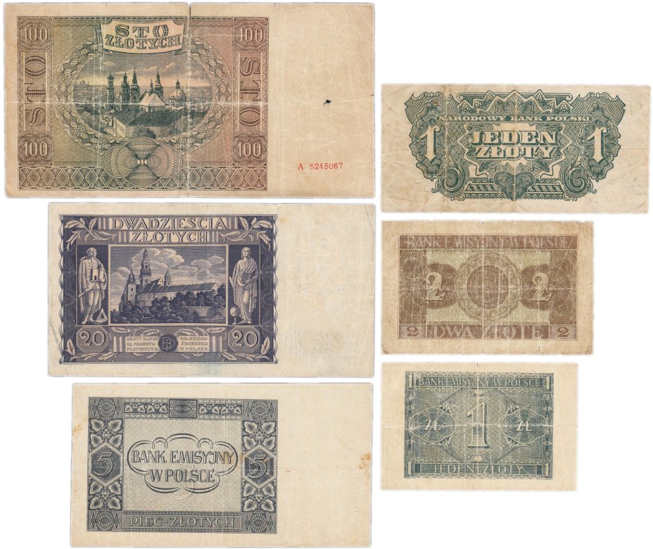 Набор банкнот Польша 1, 2, 5, 20  и 100 злотых 1936-1944 гг. (6 бон)