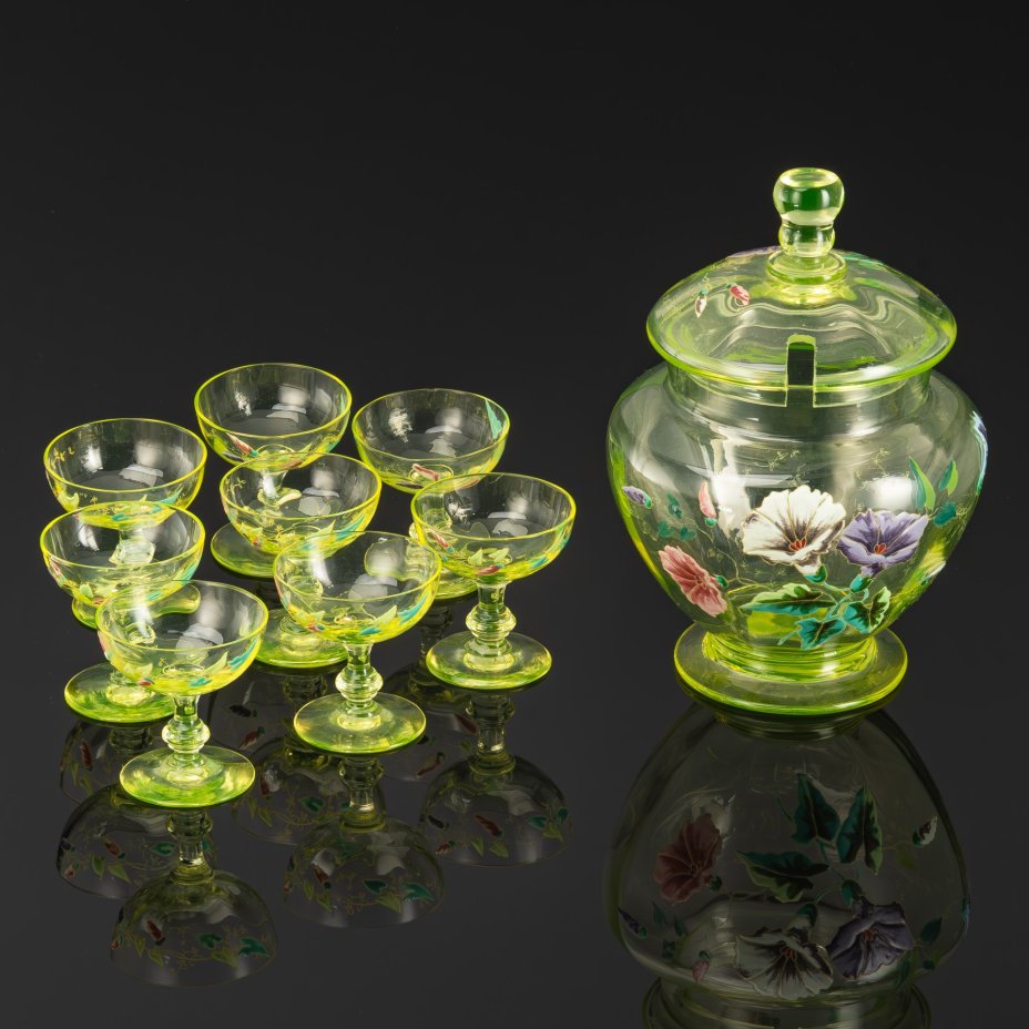 Набор для подачи напитков (пунша, крюшона)  в стиле модерн на 8 персон, украшенный изображением вьюнков, стекло, роспись эмалями, матирование, золочение, Франция, 1900-1920 гг.