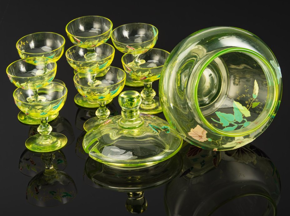 Набор для подачи напитков (пунша, крюшона)  в стиле модерн на 8 персон, украшенный изображением вьюнков