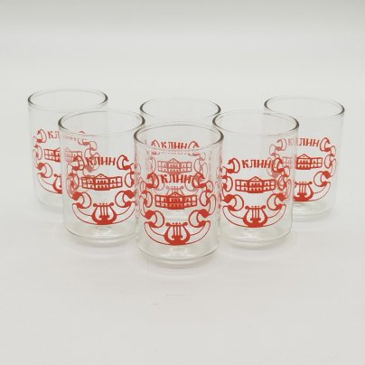 Набор из 6-ти сувенирных стопок "Клин" в оригинальной коробке, стекло, деколь, картон, печать, СССР, 1970-1990 гг.