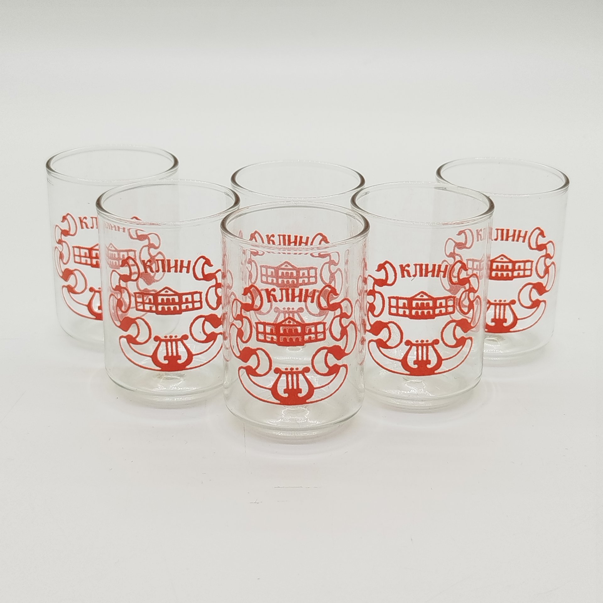 Набор из 6-ти сувенирных стопок "Клин" в оригинальной коробке, стекло, деколь, картон, печать, СССР, 1970-1990 гг.