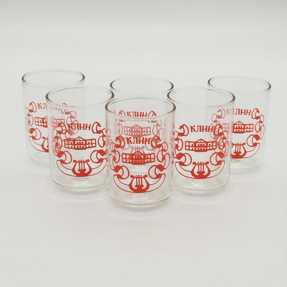 Набор из 6-ти сувенирных стопок "Клин" в оригинальной коробке, стекло, деколь, картон, печать, СССР, 1970-1990 гг.