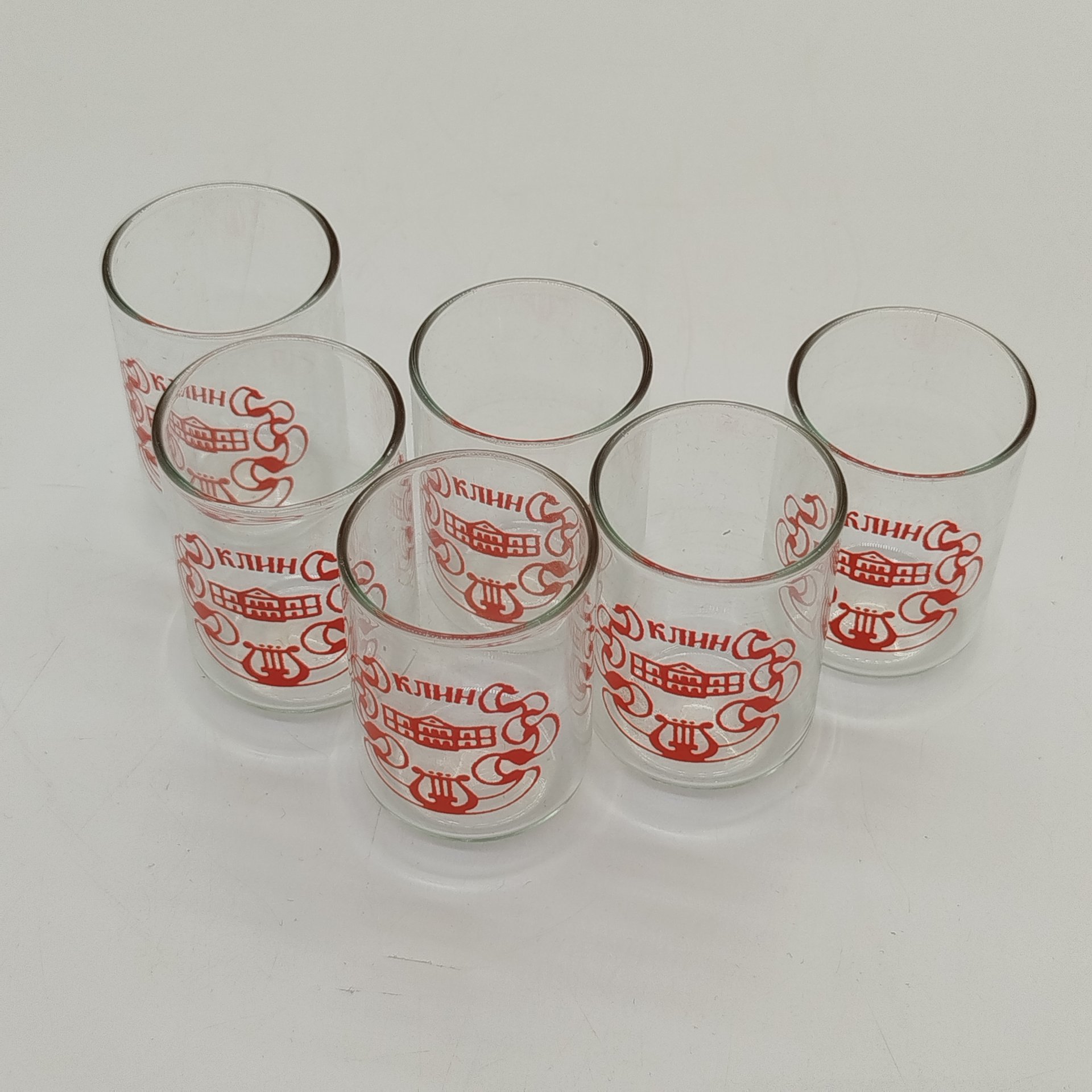 Набор из 6-ти сувенирных стопок "Клин" в оригинальной коробке, стекло, деколь, картон, печать, СССР, 1970-1990 гг.