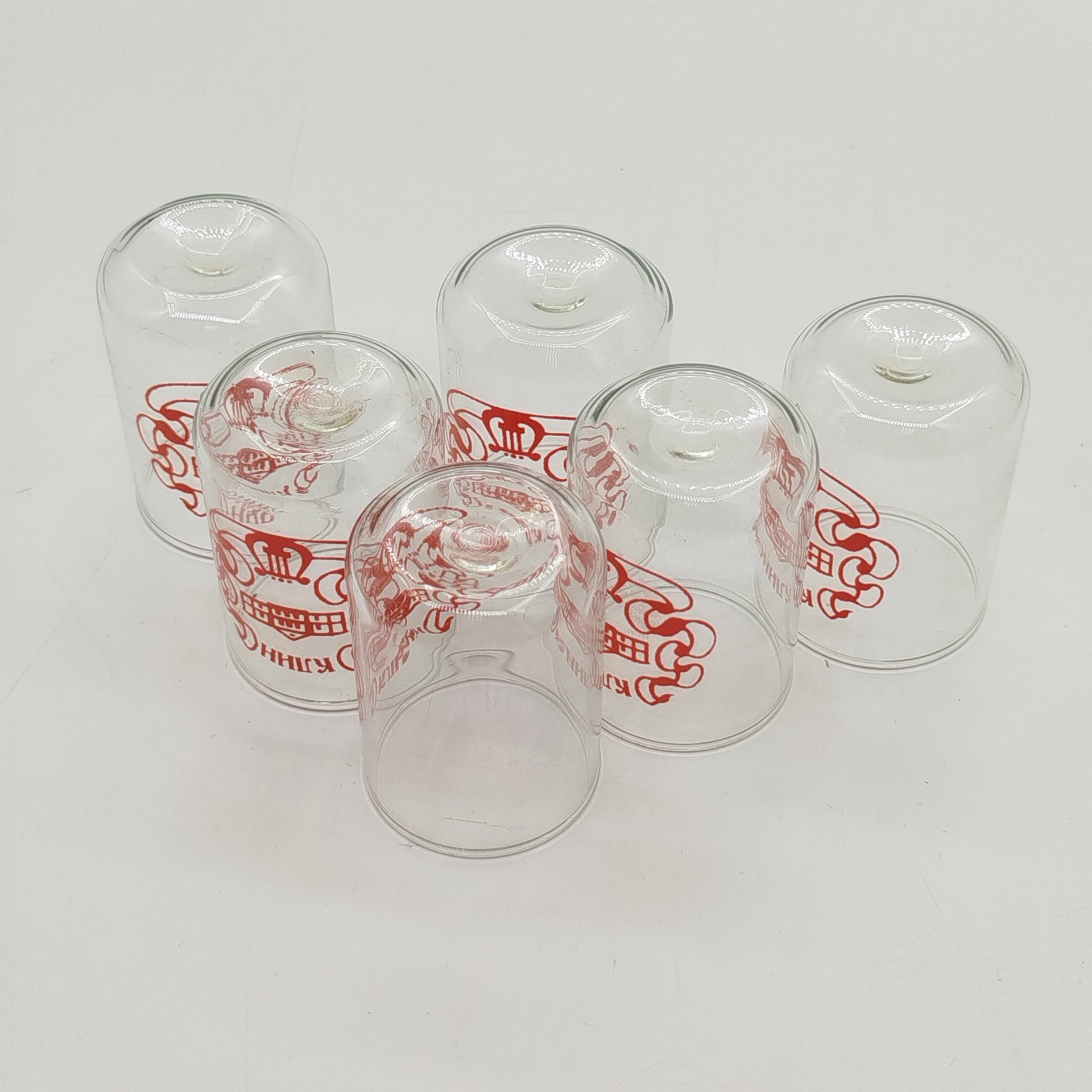 Набор из 6-ти сувенирных стопок "Клин" в оригинальной коробке, стекло, деколь, картон, печать, СССР, 1970-1990 гг.