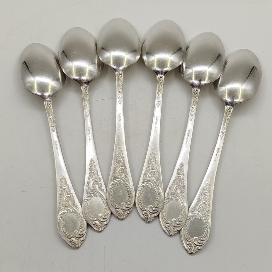 Набор из шести столовых ложек с растительным декором, мНЦ (медь-никель-цинк), Киевский завод столовых приборов и посуды им. Дзержинского (ЗiД, ЗиД), СССР, 1960-1980 гг.