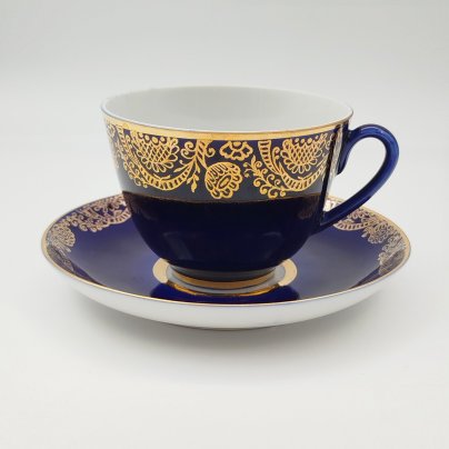 Пара чайная "Золотой фриз", фарфор, крытье кобальтом, Ленинградский фарфоровый завод (ЛФЗ), СССР, 1960-1970 гг.
