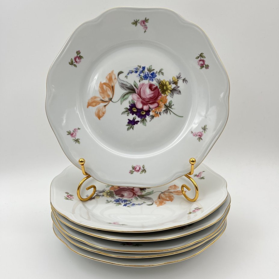 Набор обеденных тарелок "Мейсенский букет" на 6 персон, фарфор, деколь, золочение, Bohemia (Neurohlau), Чехословакия, 1970-1990 гг.