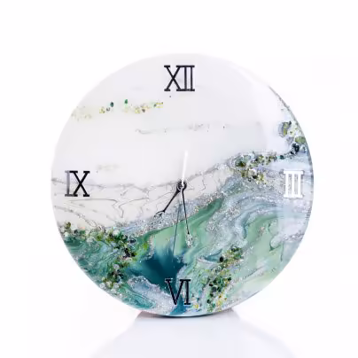 Часы настенные "Весенние мотивы", авторская ручная работа в технике Resin Art, Глянцевое 3D покрытие, натуральный камень, металл, Россия, 2021 г.